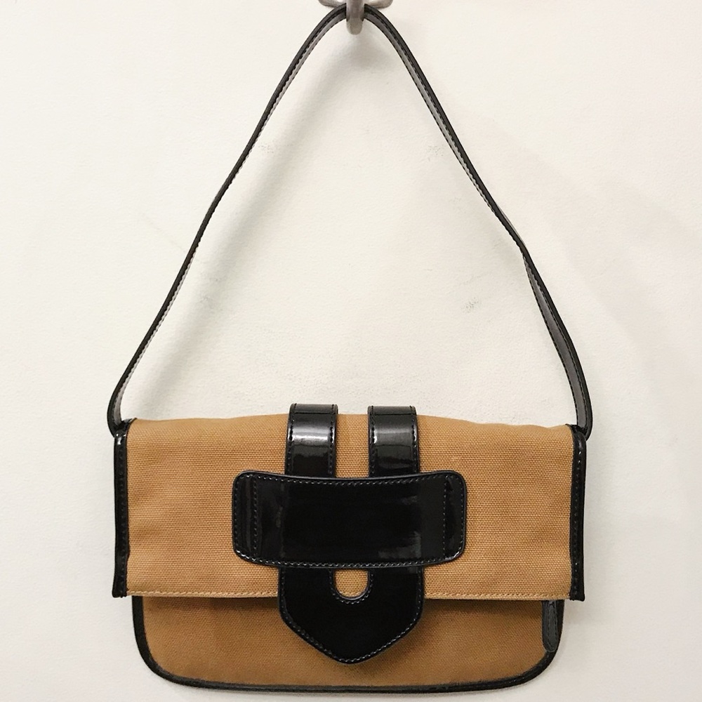 Tila March Paris Zelig Brown Canvas Black Patent Leather Shoulder Clutch Bag